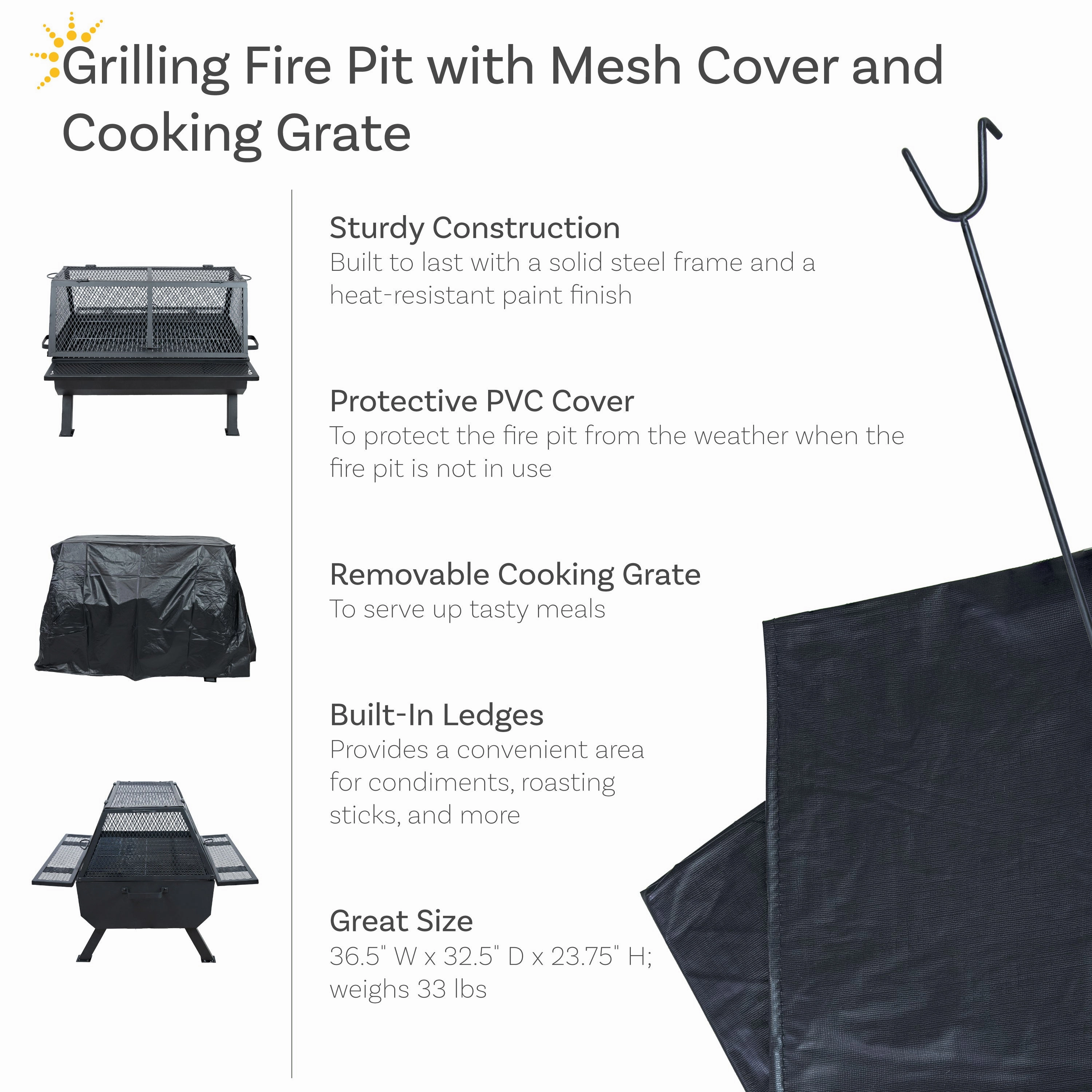 Sunnydaze Outdoor Fire Pit with Grill and Spark Screen -36" H