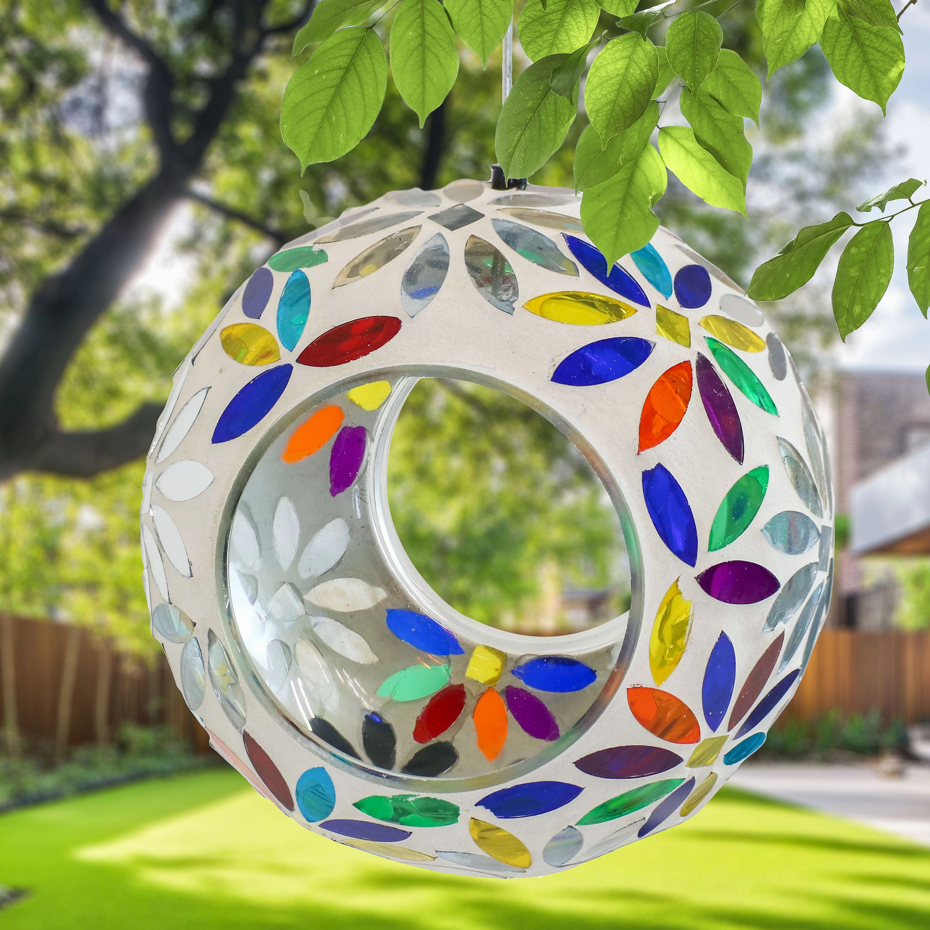 Sunnydaze Round Mosaic Glass Hanging Bird Feeder - 6"