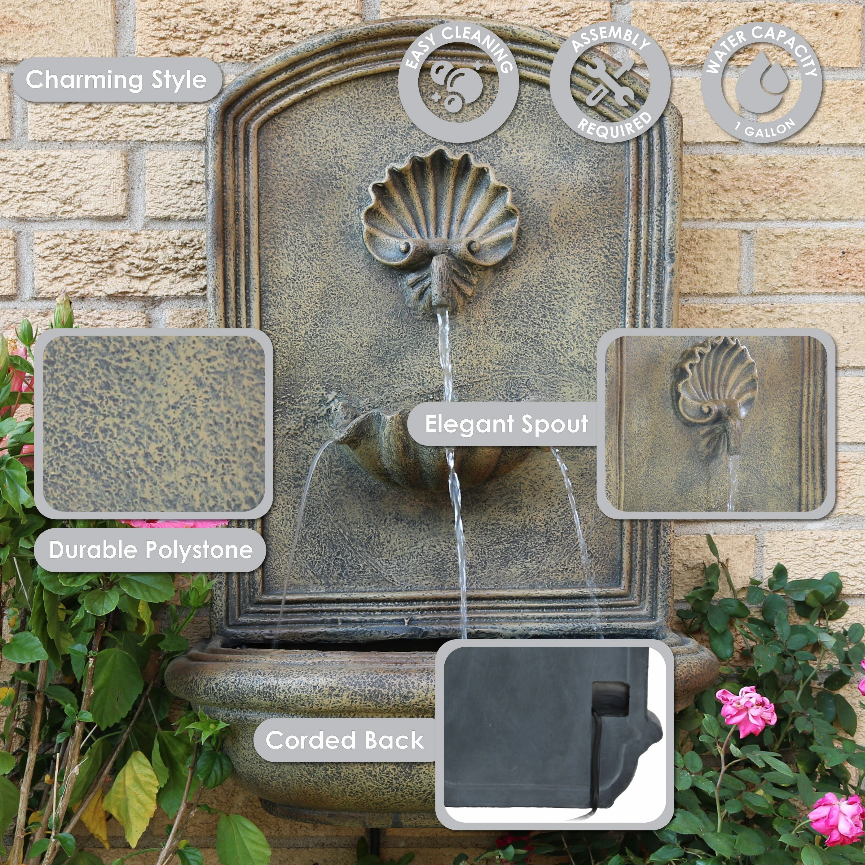 Sunnydaze Seaside Outdoor Solar Wall Fountain with Battery Backup - 27" H