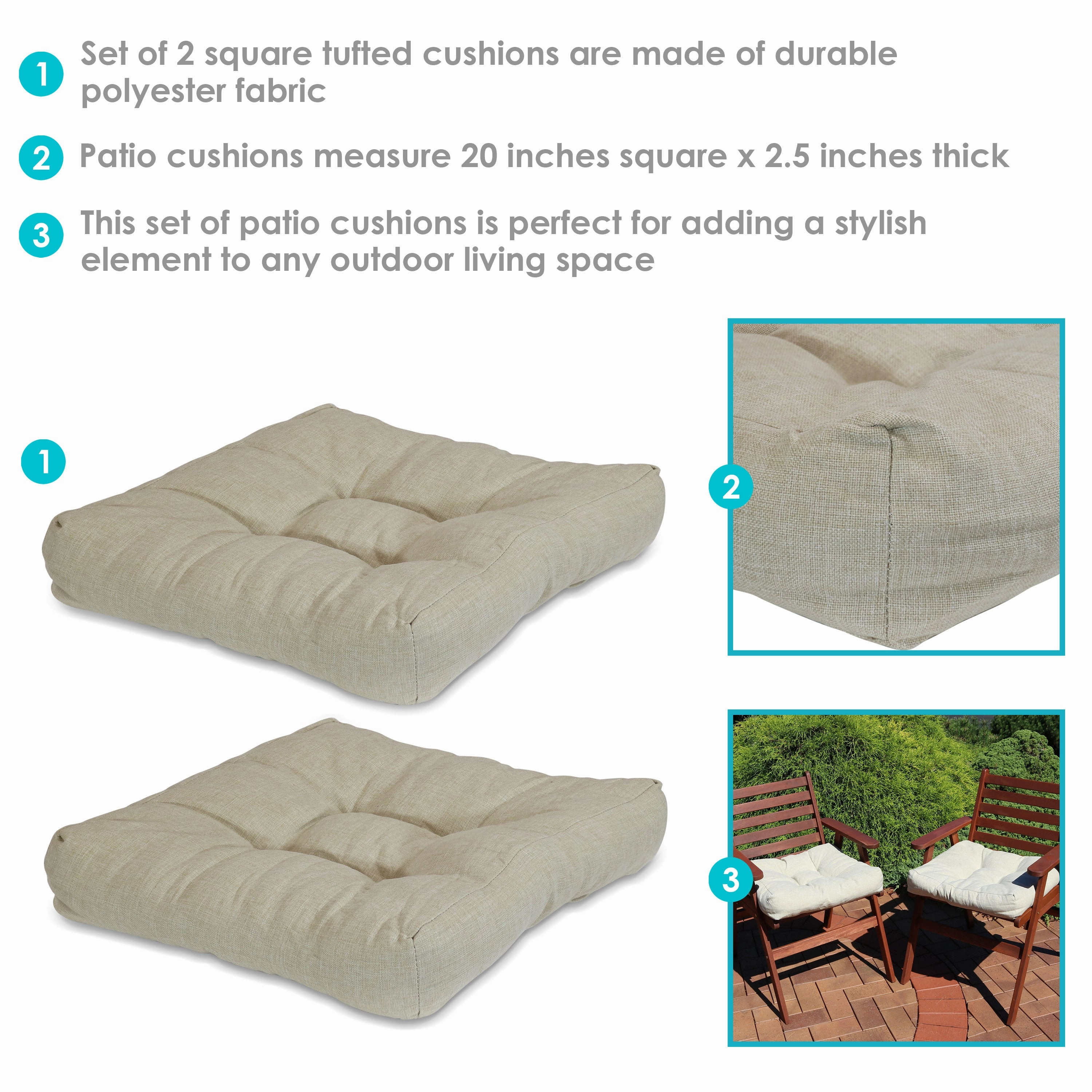 Sunnydaze Set of 2 Olefin Tufted Outdoor Square Patio Cushions