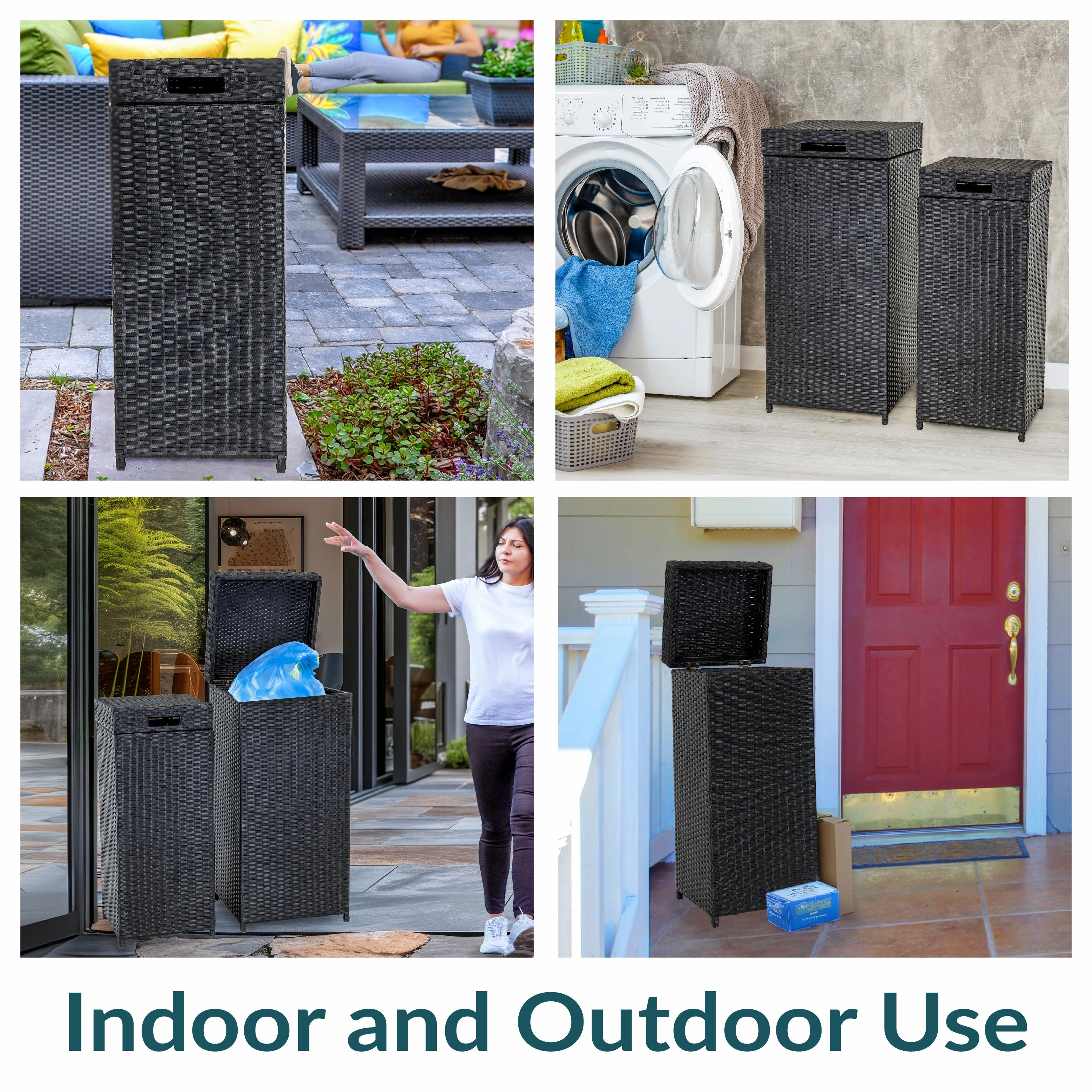 Sunnydaze Wicker Outdoor Trash Cans with Lids - Set of 2 - 26 Gal. and 15 Gal.