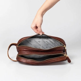MustHave Deals Limited Offer Alert Thandana Mens Double Zip Vanity Leather Case | Tobacco