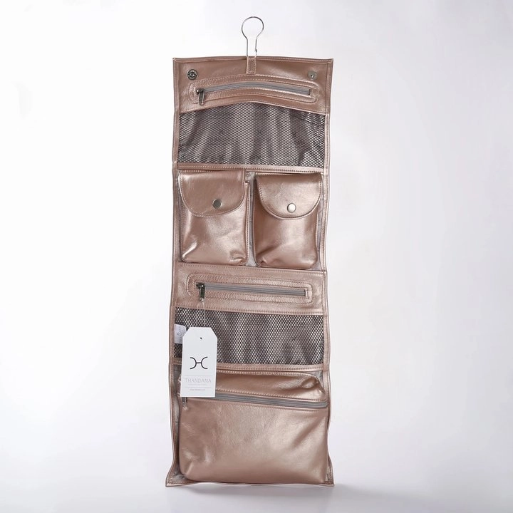 Perfect Gift Sale Hot Deal Alert Thandana Roll Up Metallic Leather Toiletry Bag With Hook