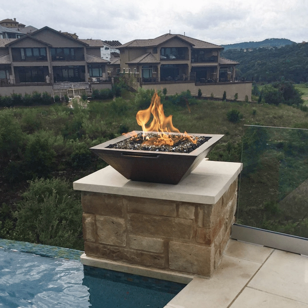 The Outdoor Plus Maya 36" Hammered Copper Square 12V Electronic Ignition Fire & Water Bowl OPT-36SCFWE12V