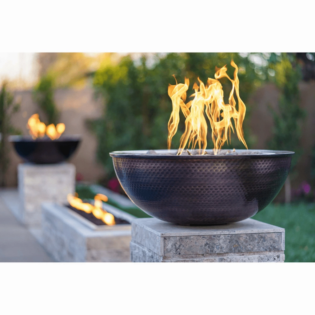 The Outdoor Plus Sedona 27" Hammered Copper Round 12V Electronic Ignition Fire Bowl OPT-27RCPRFOE12V