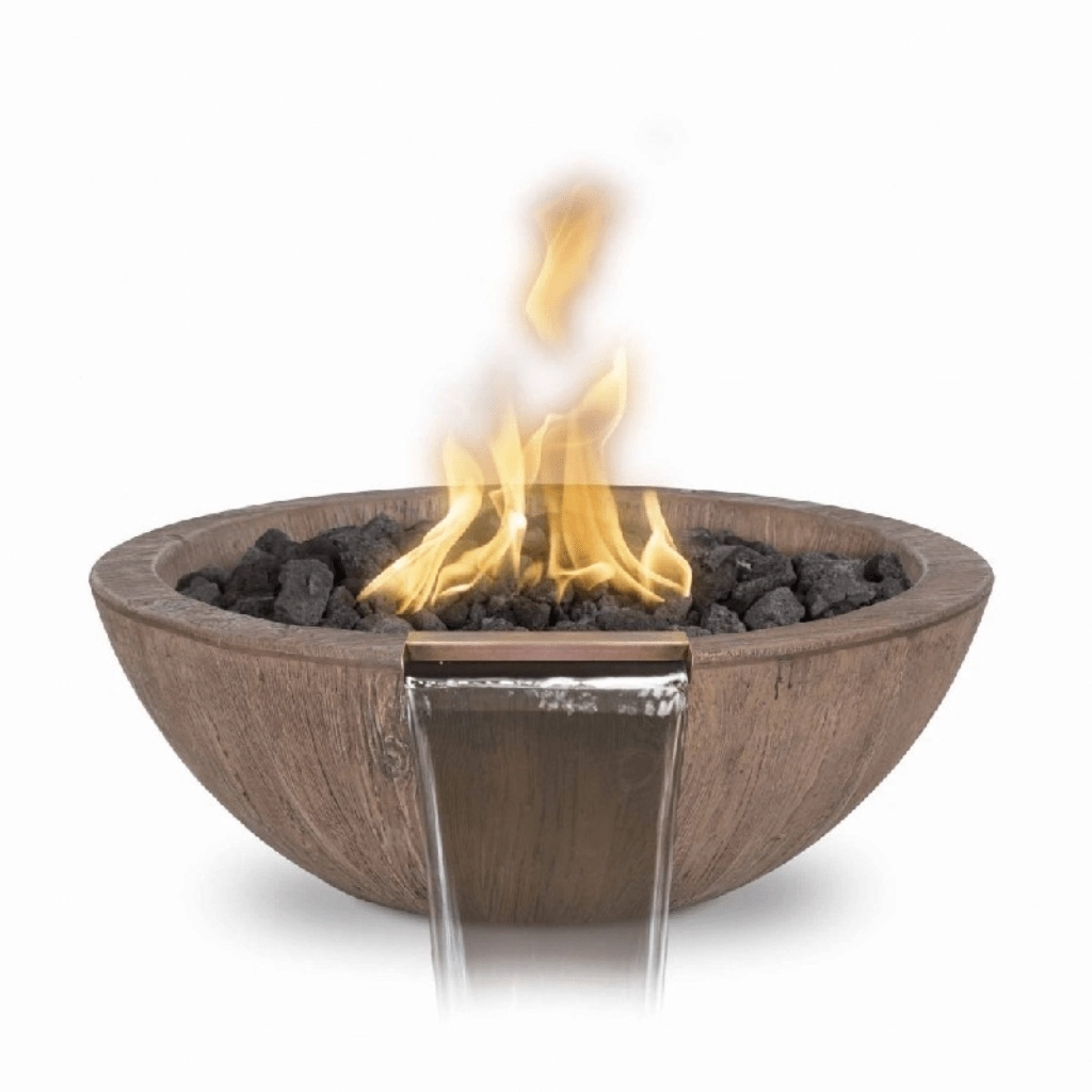 The Outdoor Plus Sedona GFRC 27" Wood Grain Concrete Round 12V Electronic Ignition Fire & Water Bowl OPT-27RWGFWE12V