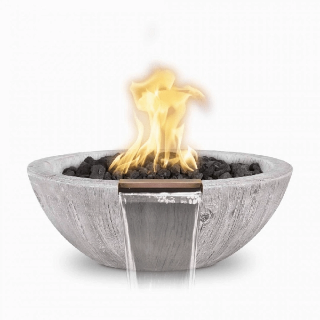 The Outdoor Plus Sedona GFRC 27" Wood Grain Concrete Round 12V Electronic Ignition Fire & Water Bowl OPT-27RWGFWE12V