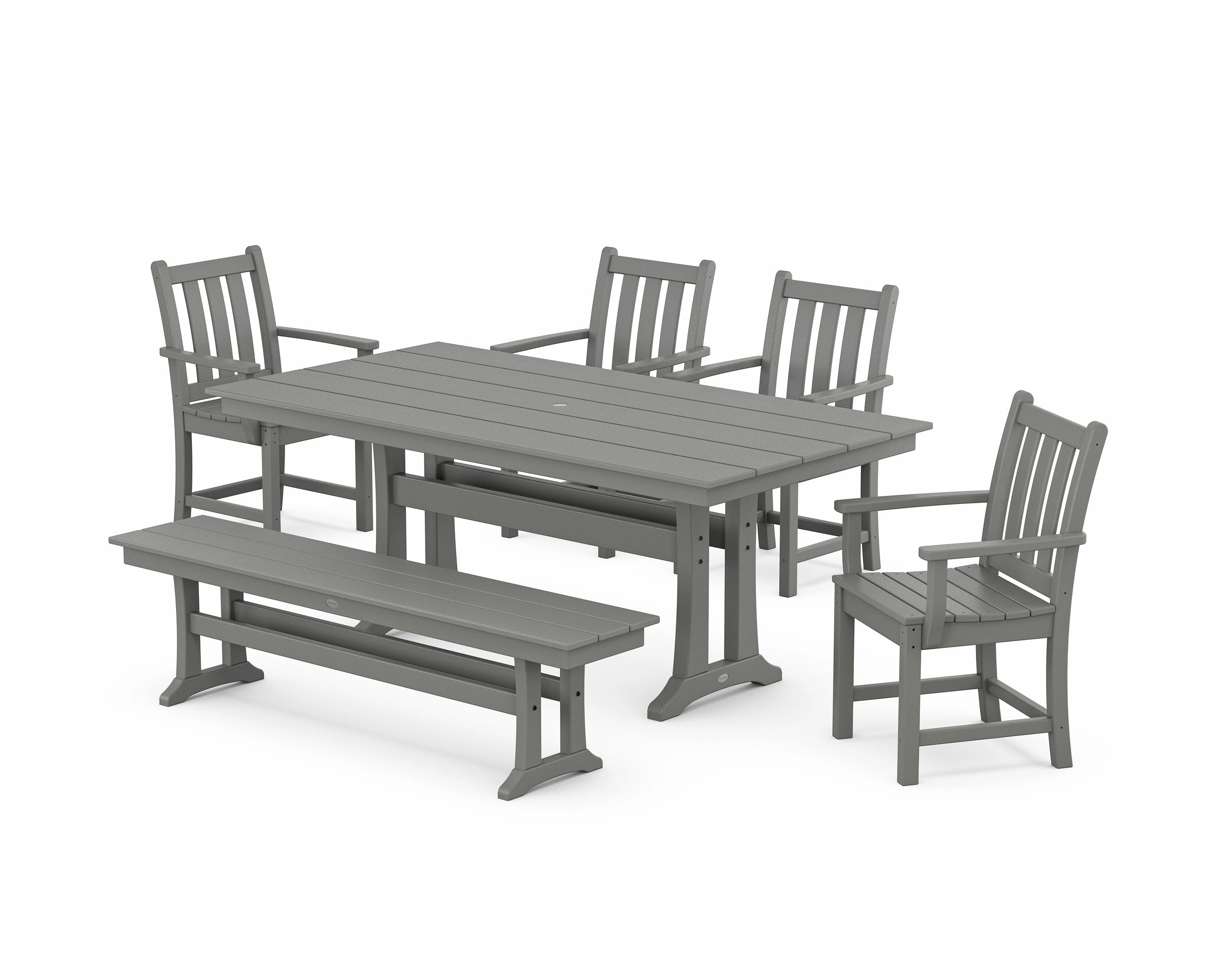 Traditional Garden Arm Chair 6-Piece Farmhouse Dining Set with Trestle Legs and Benchoutdoor patio furniture set