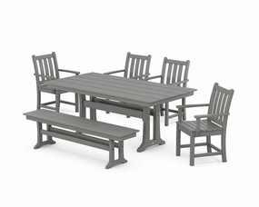 Traditional Garden Arm Chair 6-Piece Farmhouse Dining Set with Trestle Legs and Benchoutdoor patio furniture set
