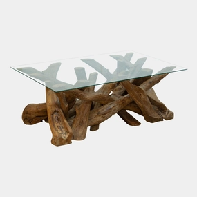 Twiggy - Coffee Table In Tempered Glass & Natural Teak Tree Rootoutdoor coffee table for patio or lounge