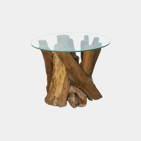 Twiggy - Round Coffee Table In Tempered Glass & Natural Teak Tree Rootoutdoor coffee table for patio or lounge
