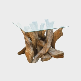 Twiggy - Square Coffee Table In Tempered Glass & Natural Teak Tree Rootoutdoor coffee table for patio or lounge