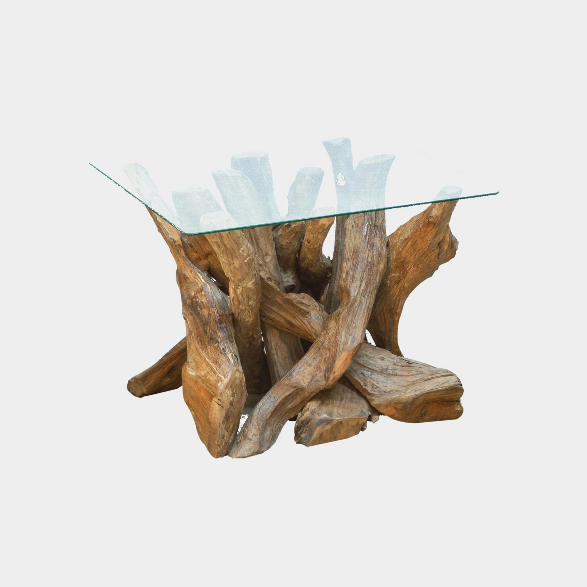 Twiggy - Square Coffee Table In Tempered Glass & Natural Teak Tree Rootoutdoor coffee table for patio or lounge