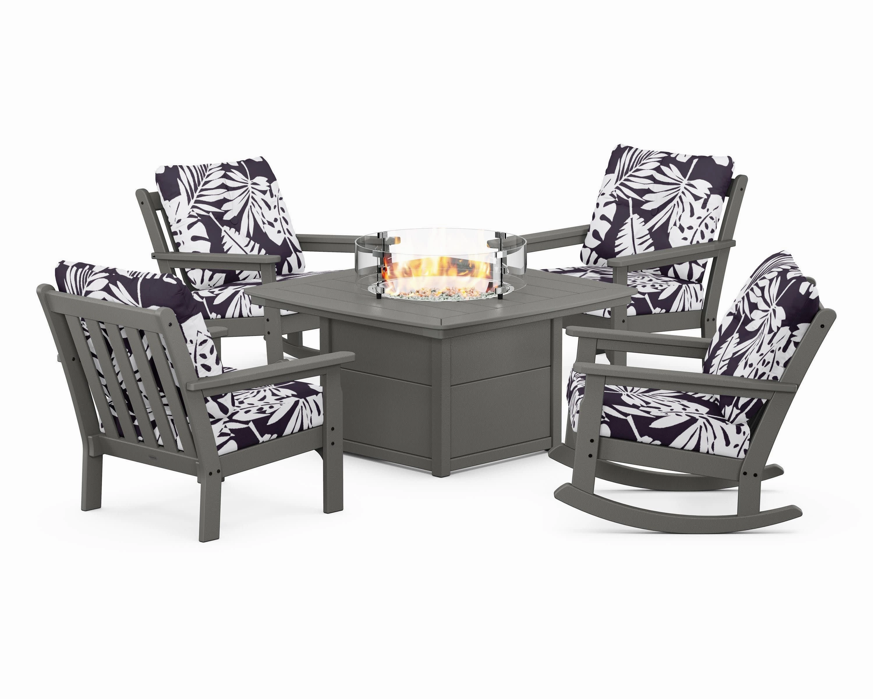 Vineyard 5-Piece Deep Seating Rocking Chair Conversation Set with Fire Pit Table