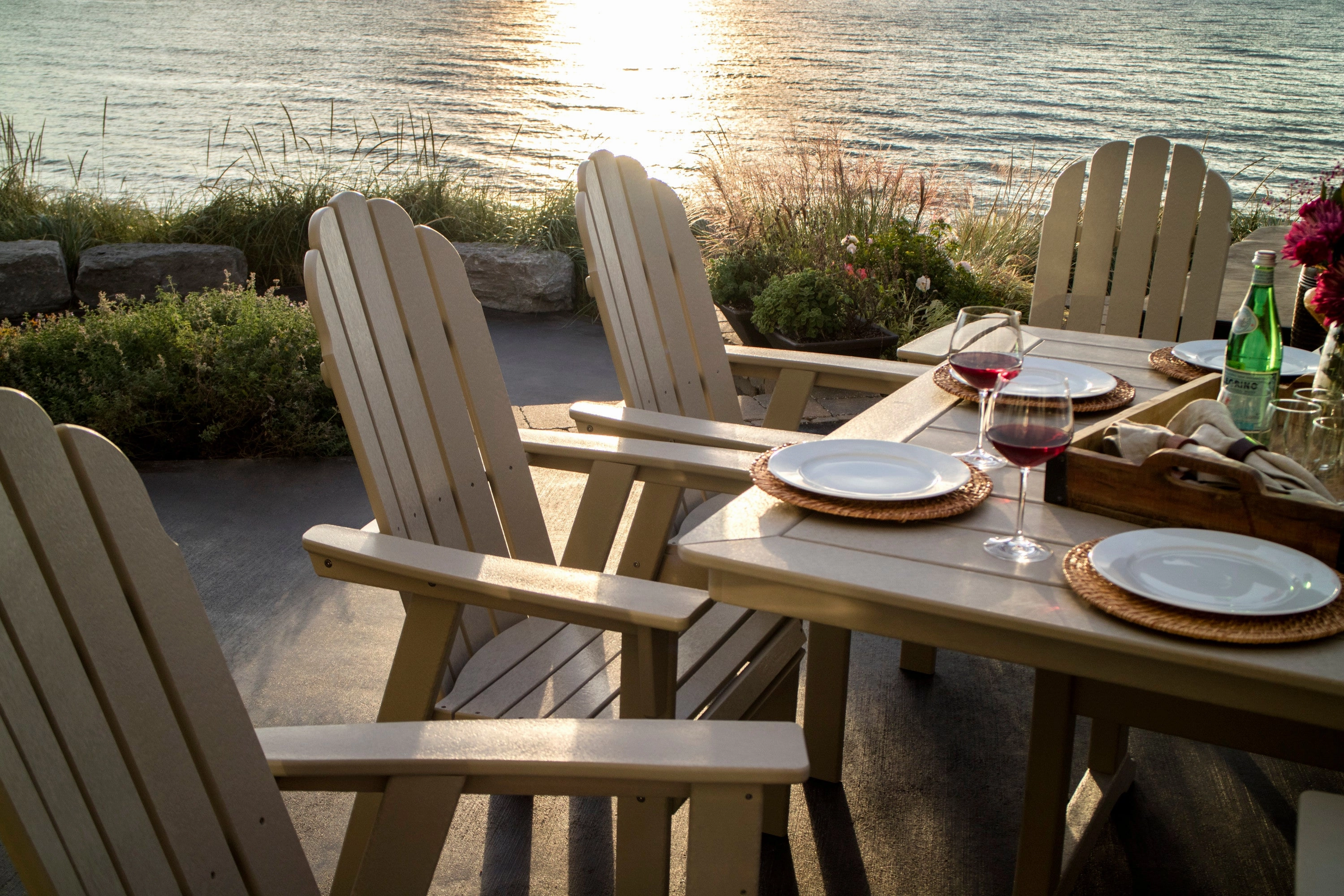 Vineyard Curveback Adirondack 9-Piece Nautical Trestle Dining Set