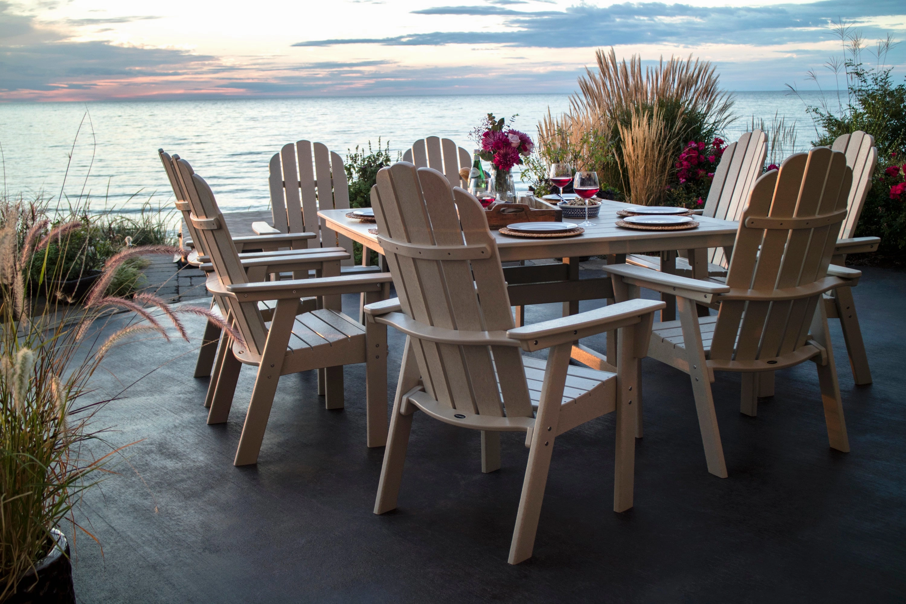 Vineyard Curveback Adirondack 9-Piece Nautical Trestle Dining Set