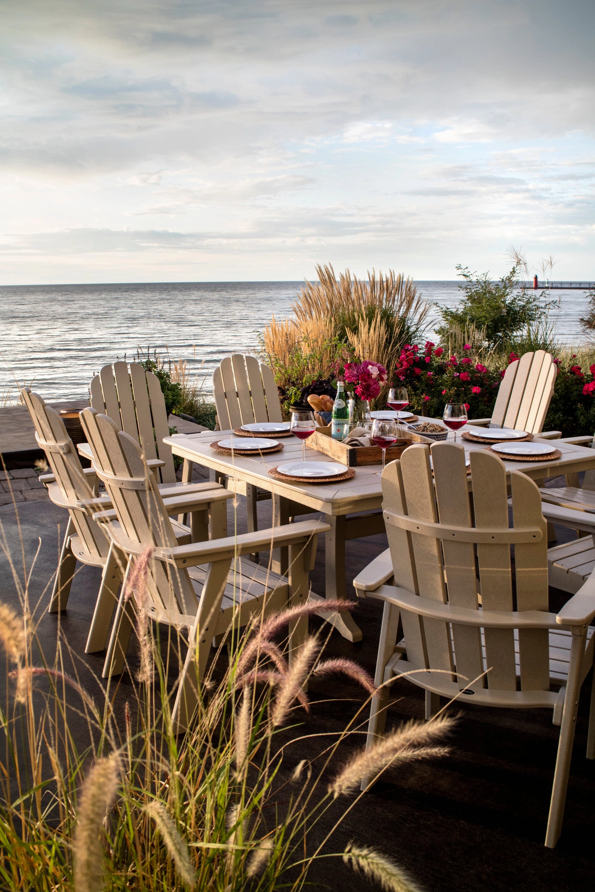 Vineyard Curveback Adirondack 9-Piece Nautical Trestle Dining Set