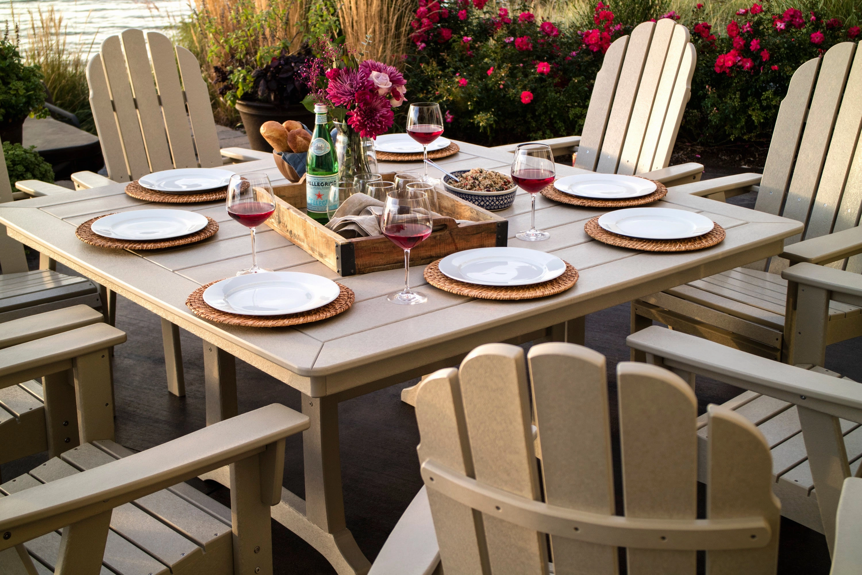 Vineyard Curveback Adirondack 9-Piece Nautical Trestle Dining Set