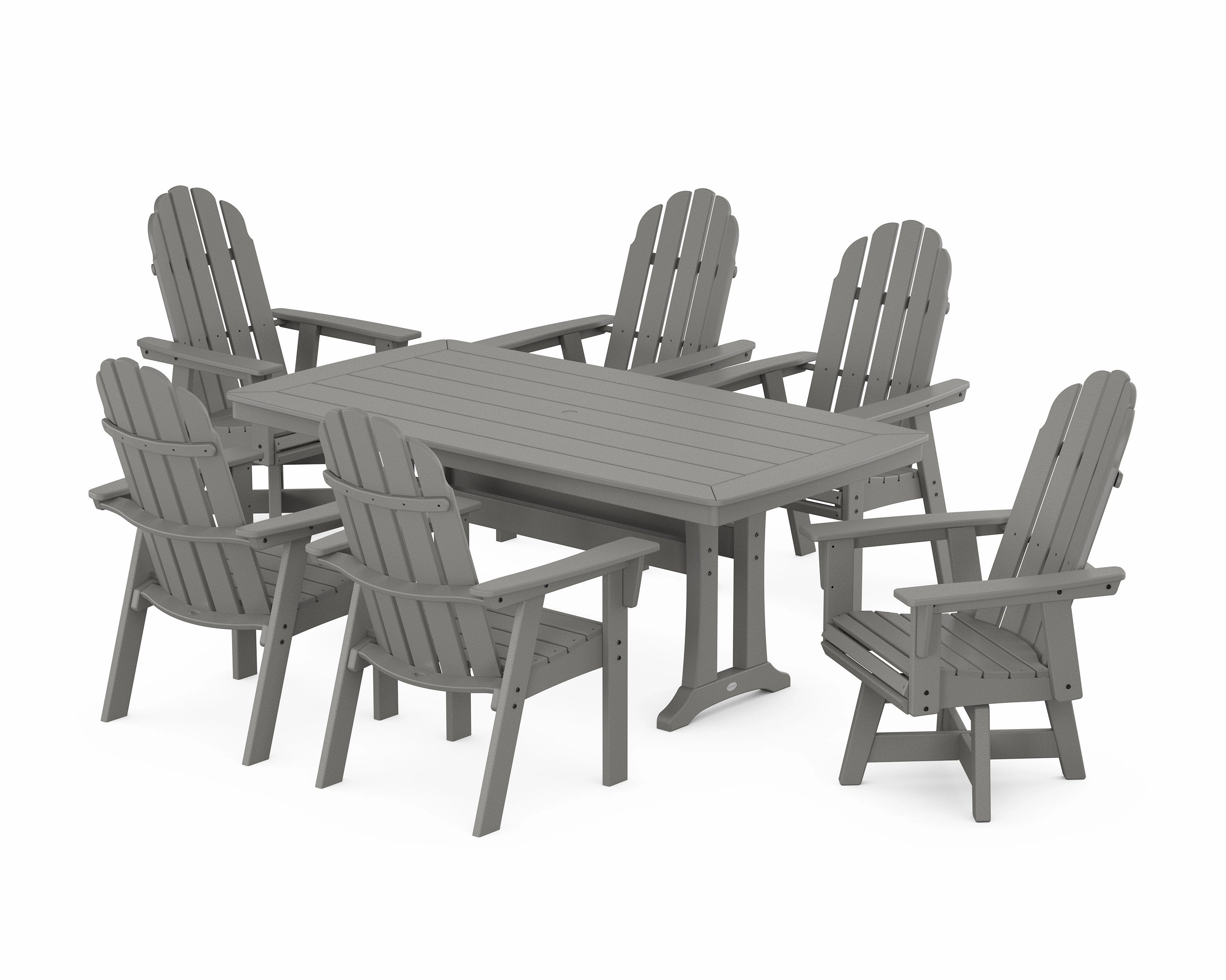 Vineyard Curveback Adirondack Swivel Chair 7-Piece Dining Set with Trestle Legsoutdoor patio furniture set