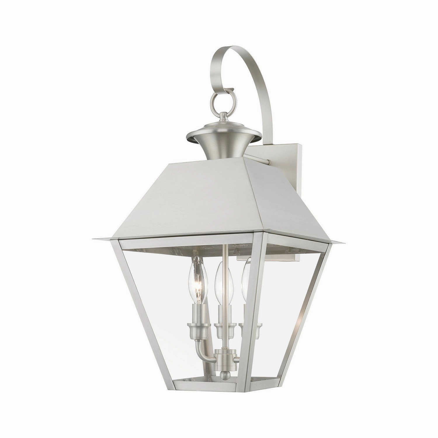 Wentworth Three Light Outdoor Wall Lantern Brushed NickelOutdoor wall sconces with motion sensor