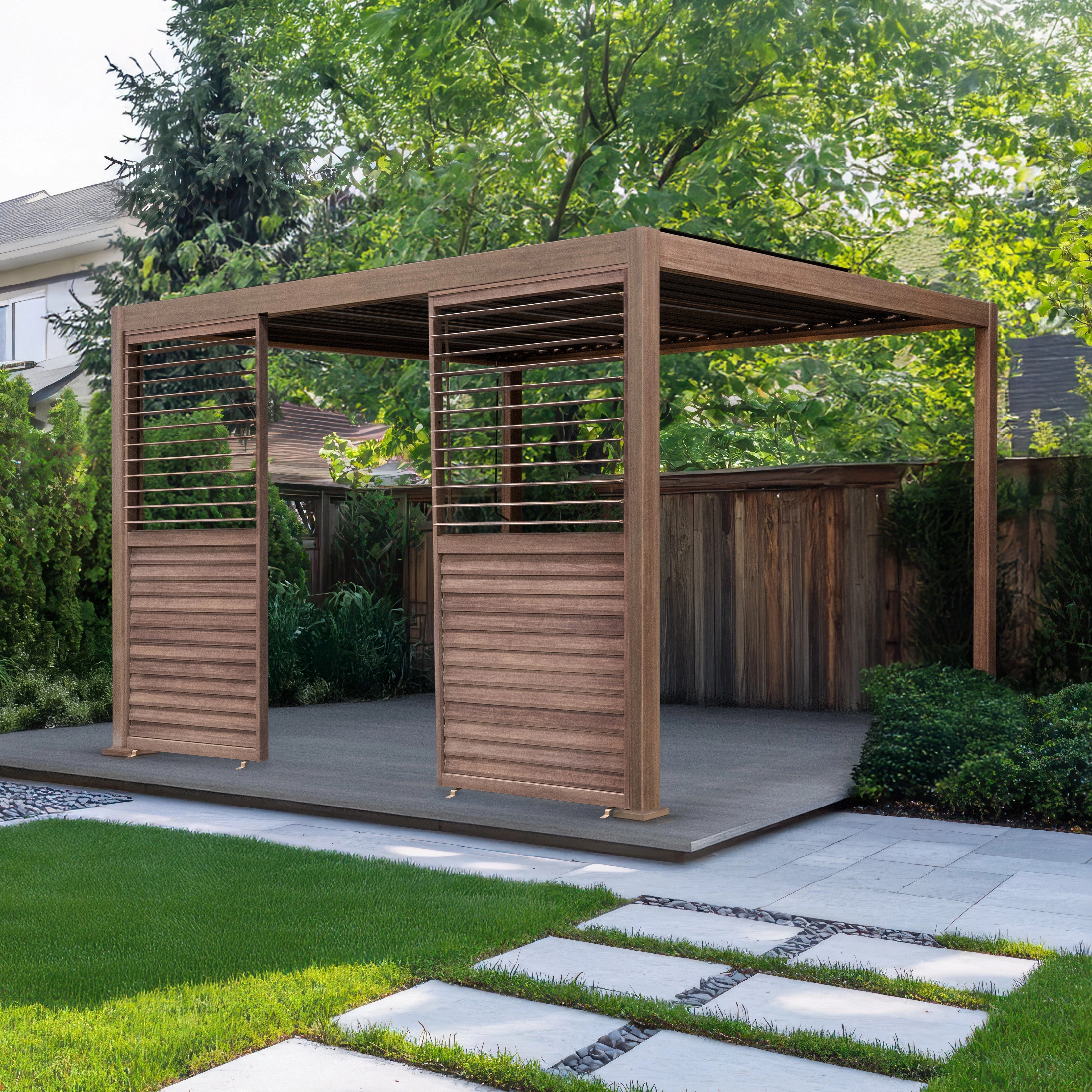 Wood Effect Aluminium Pergola 4m x 3m with 2 Louvre Panels