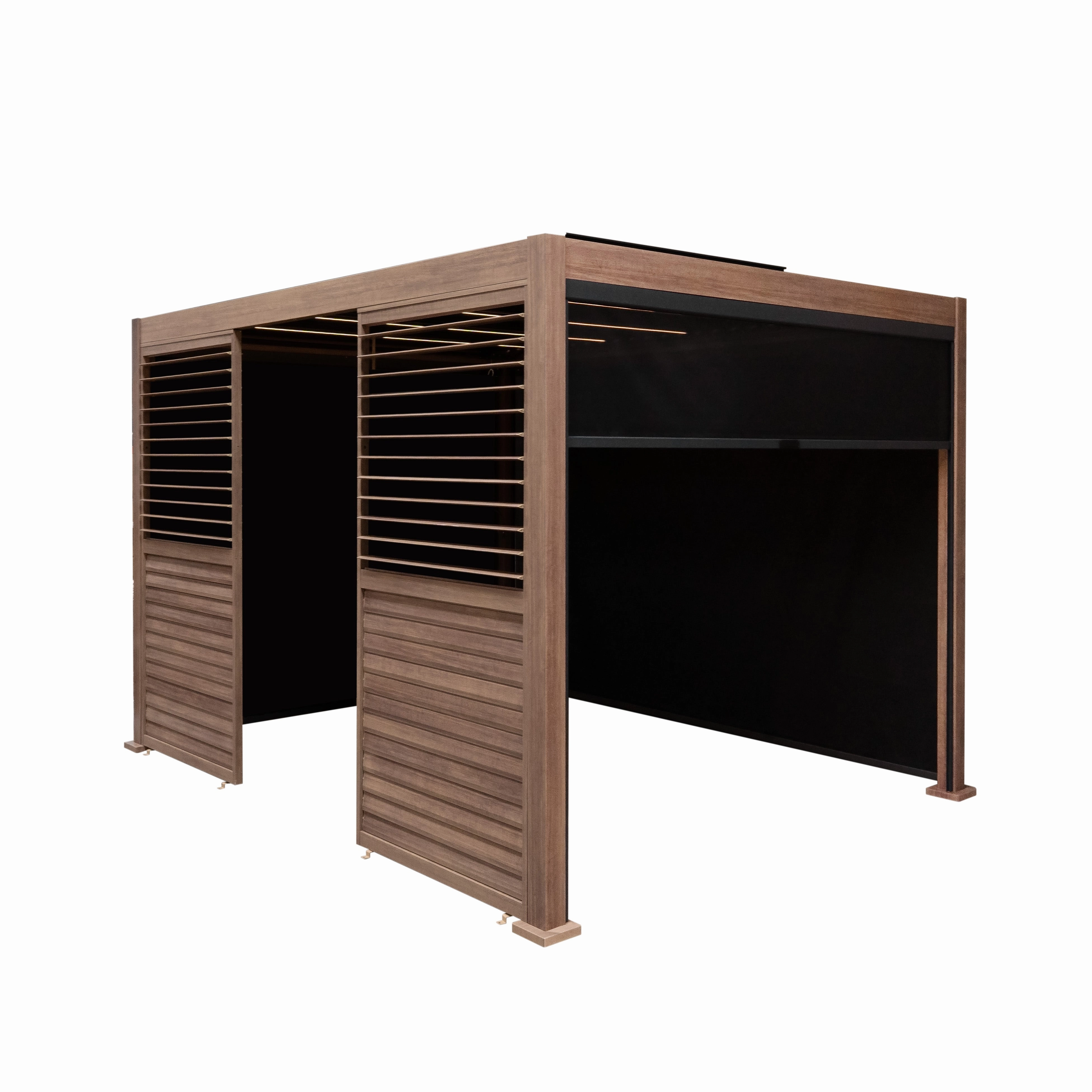Wood Effect Aluminium Pergola With Blinds, 2 x Side Panels & LED Lights - 3m x 3moutdoor patio furniture set