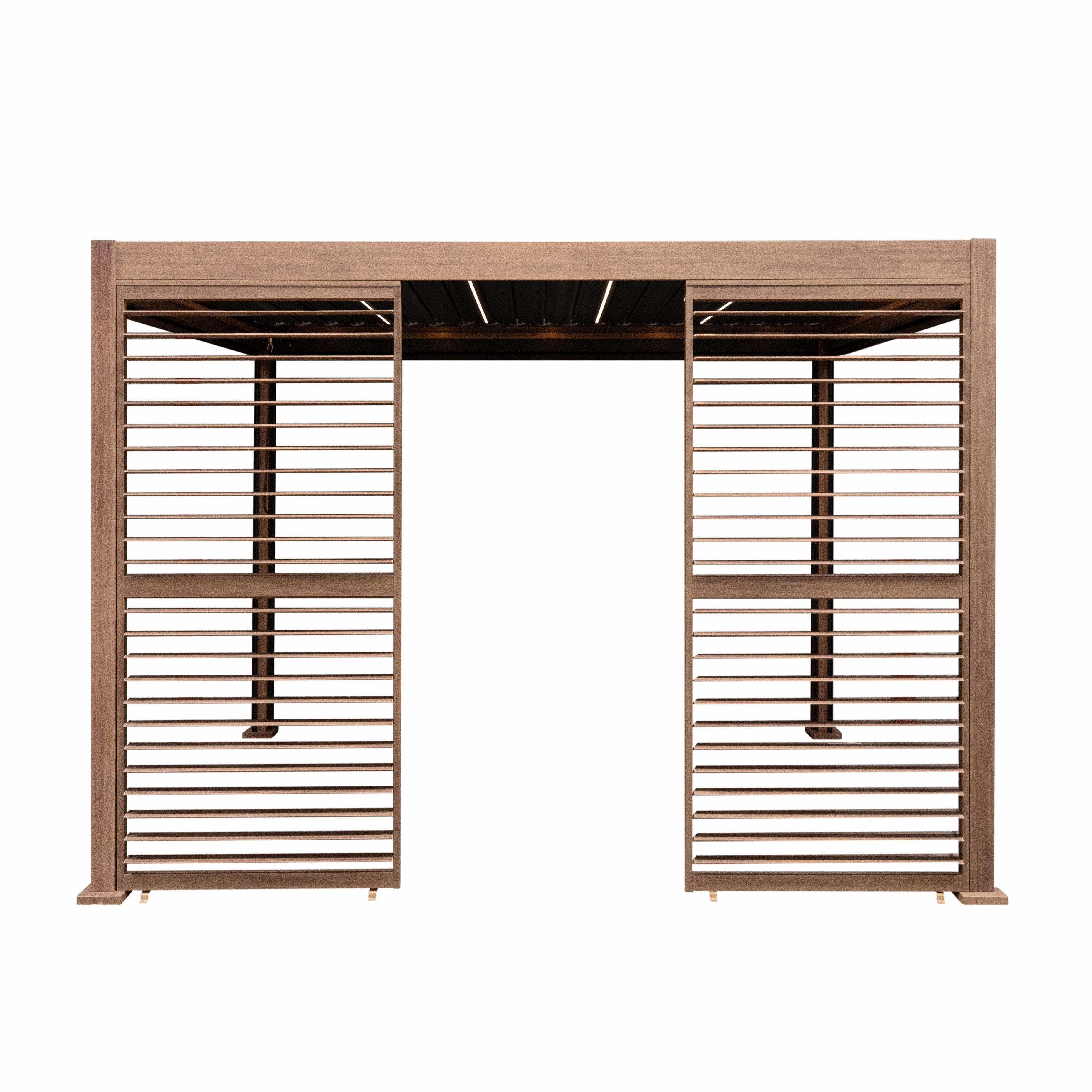 Wood Effect Aluminium Pergola With Blinds, 2 x Side Panels & LED Lights - 3m x 3m