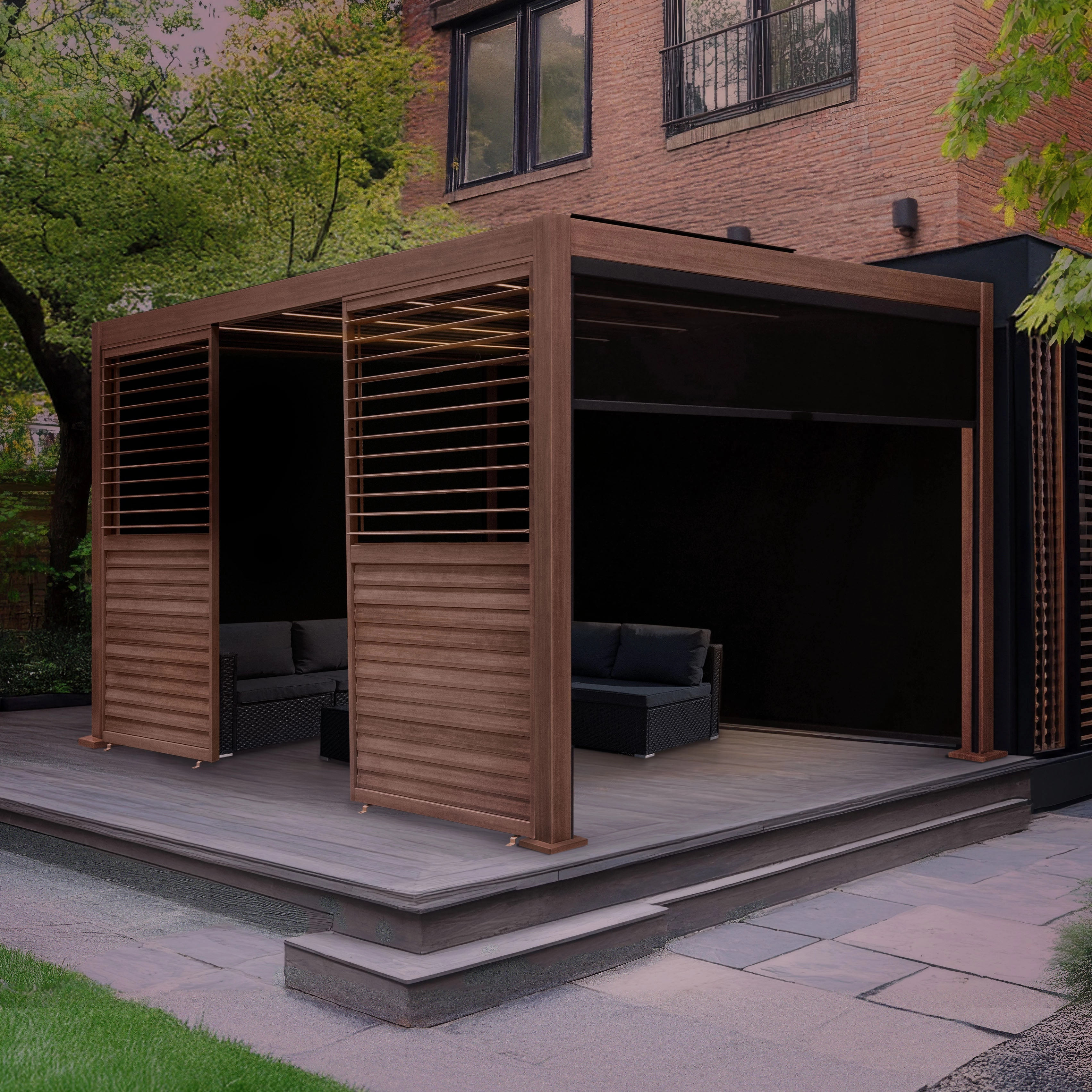 Wood Effect Aluminium Pergola With Blinds, 2 x Side Panels & LED Lights - 3m x 3m