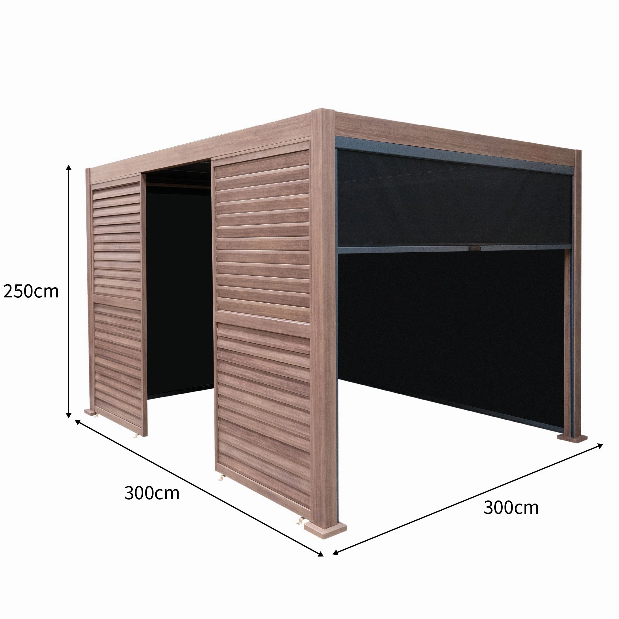Wood Effect Aluminium Pergola With Blinds, 2 x Side Panels & LED Lights - 3m x 3m