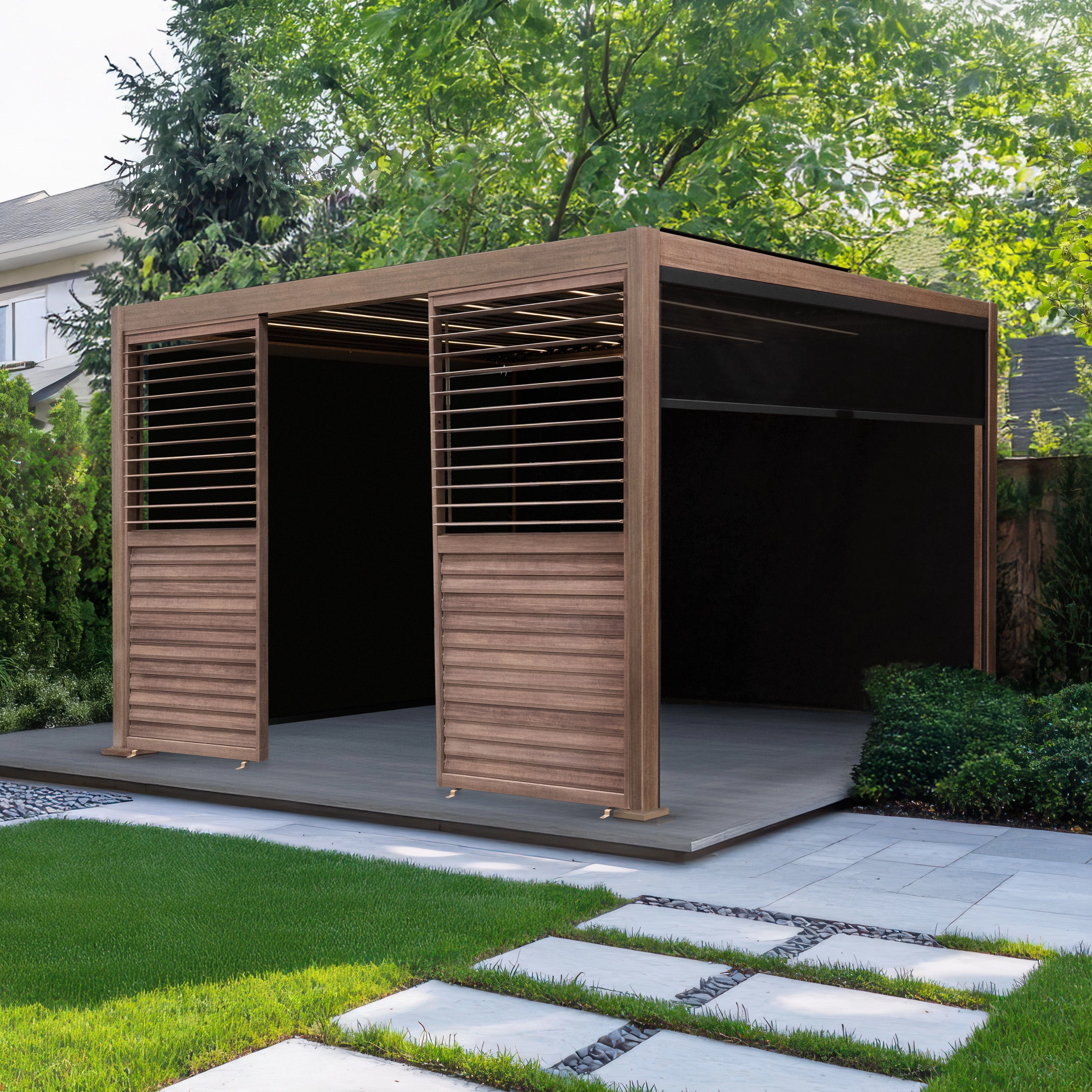 Wood Effect Aluminium Pergola With Blinds, 2 x Side Panels & LED Lights - 3m x 3m