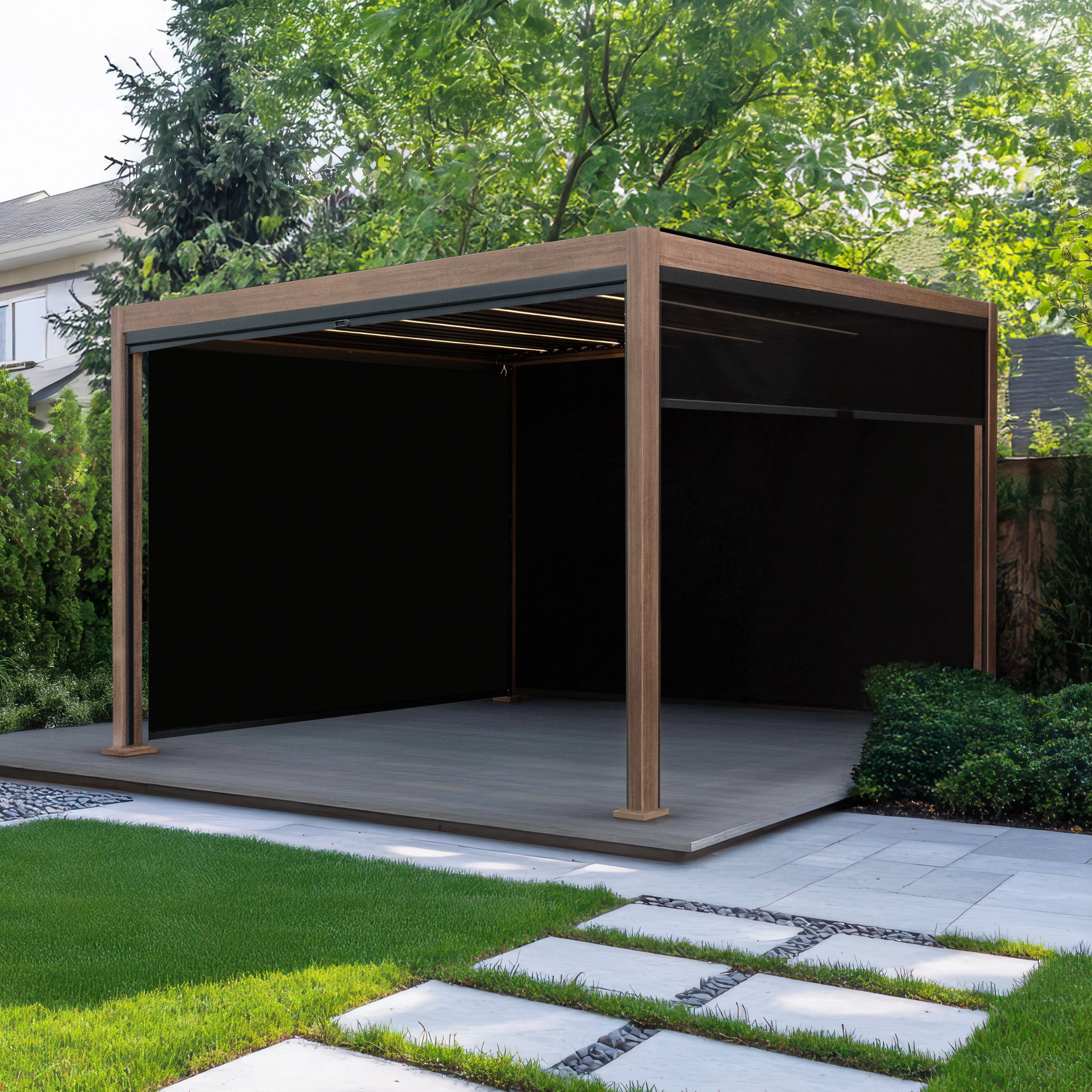 Wood Effect Aluminium Pergola With Blinds & LED Lights - 3m x 3m