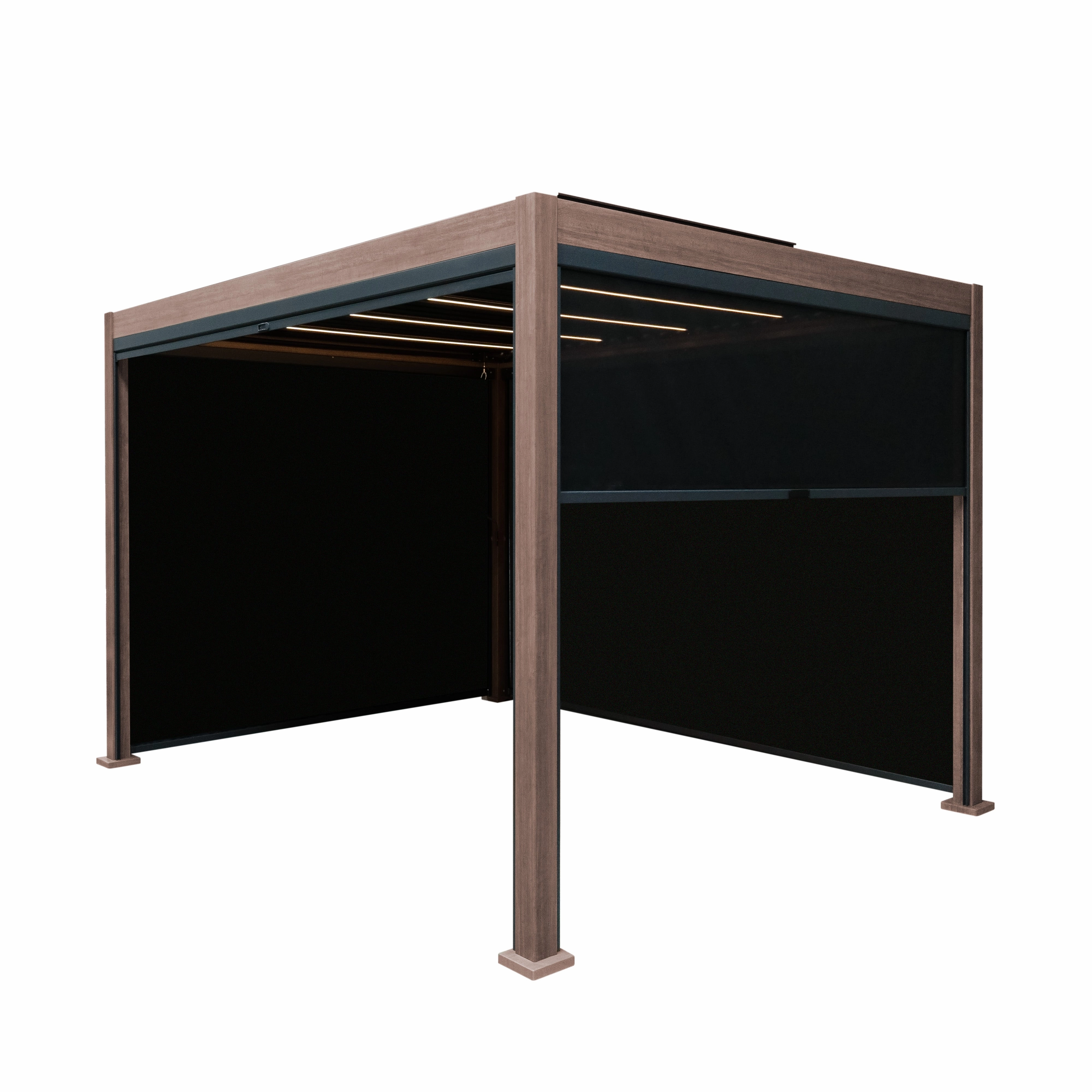Wood Effect Aluminium Pergola With Blinds & LED Lights - 3m x 3moutdoor patio furniture set