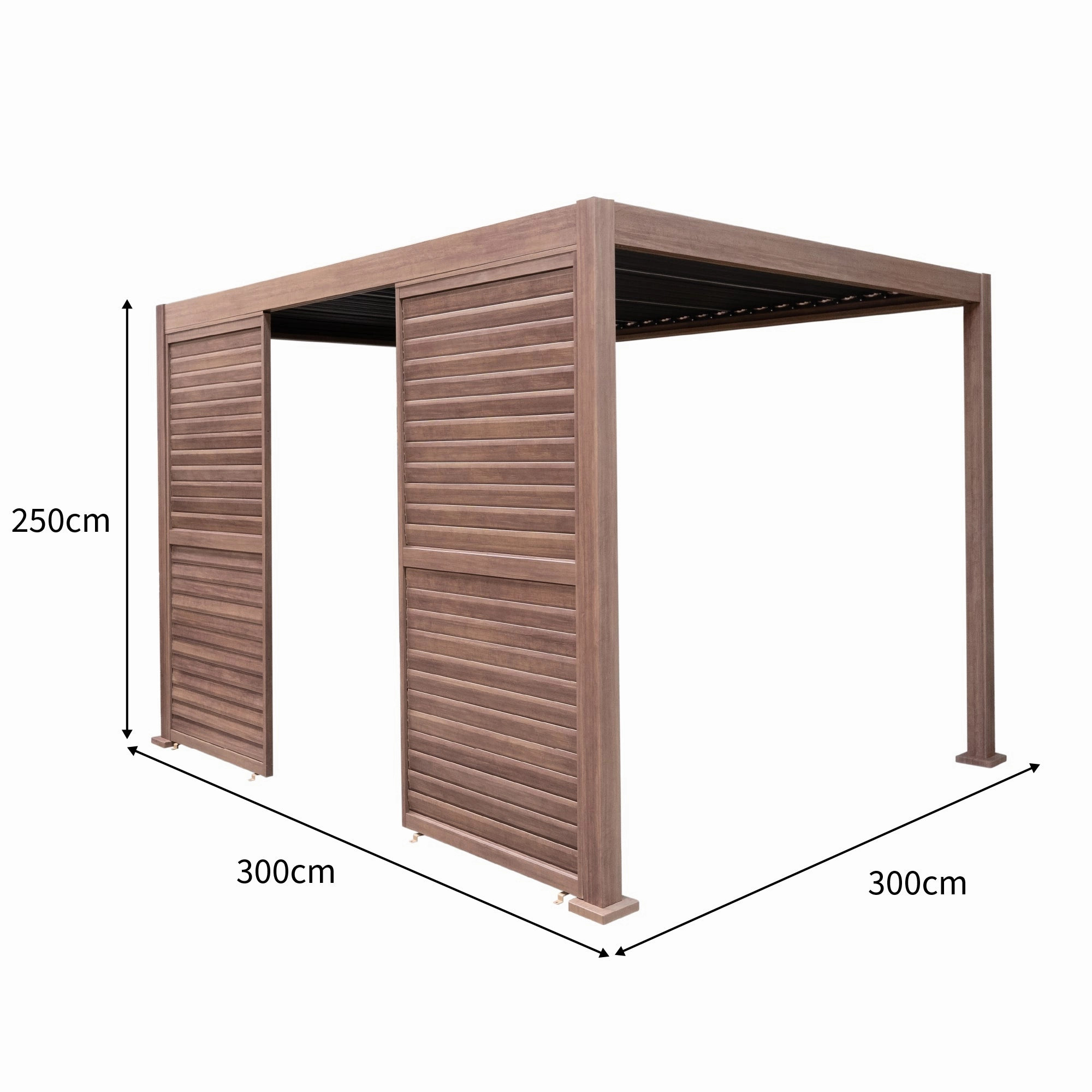 Wood Effect Aluminium Pergola With LED Lights & 2 x Side Panels - 3m x 3m