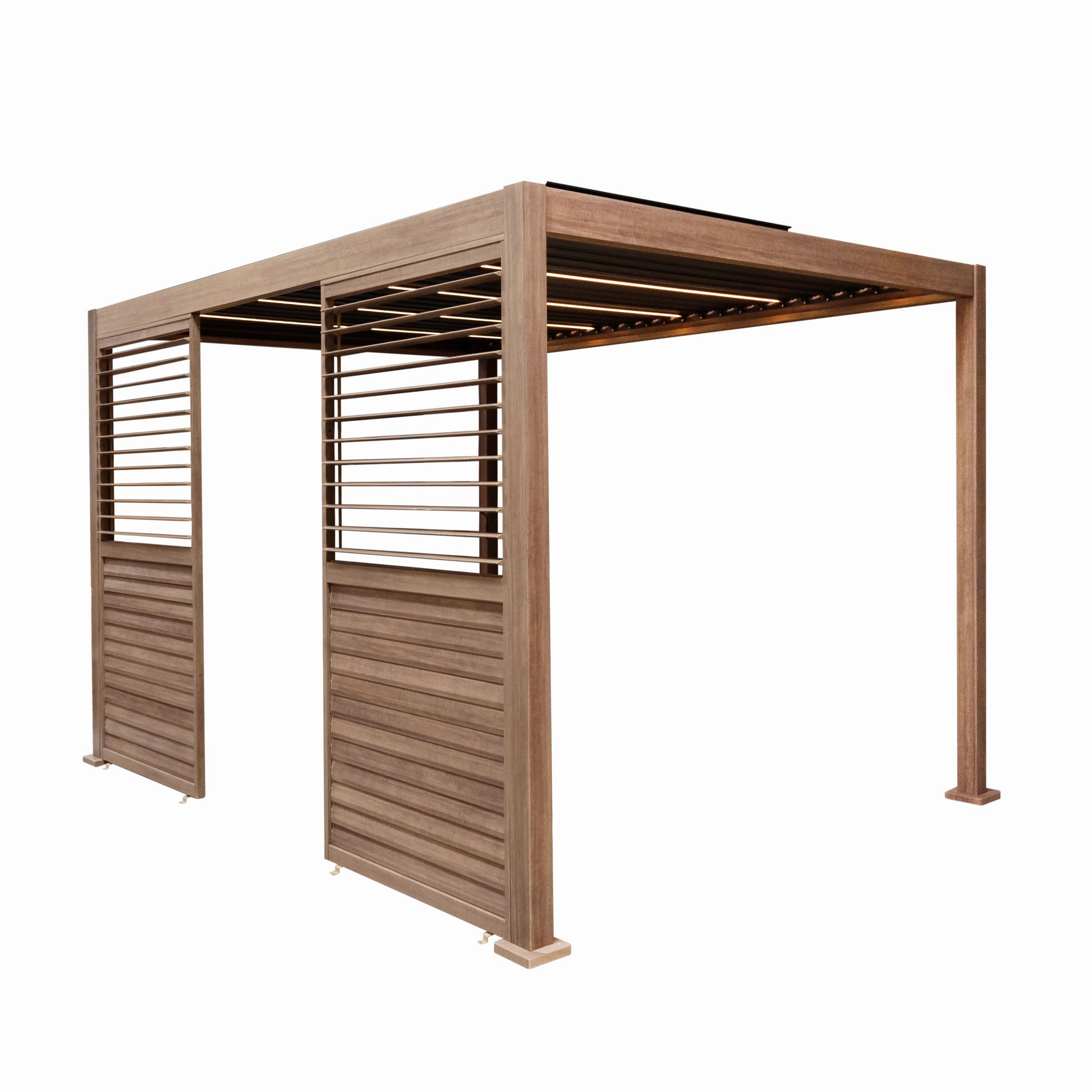 Wood Effect Aluminium Pergola With LED Lights & 2 x Side Panels - 3m x 3moutdoor patio furniture set