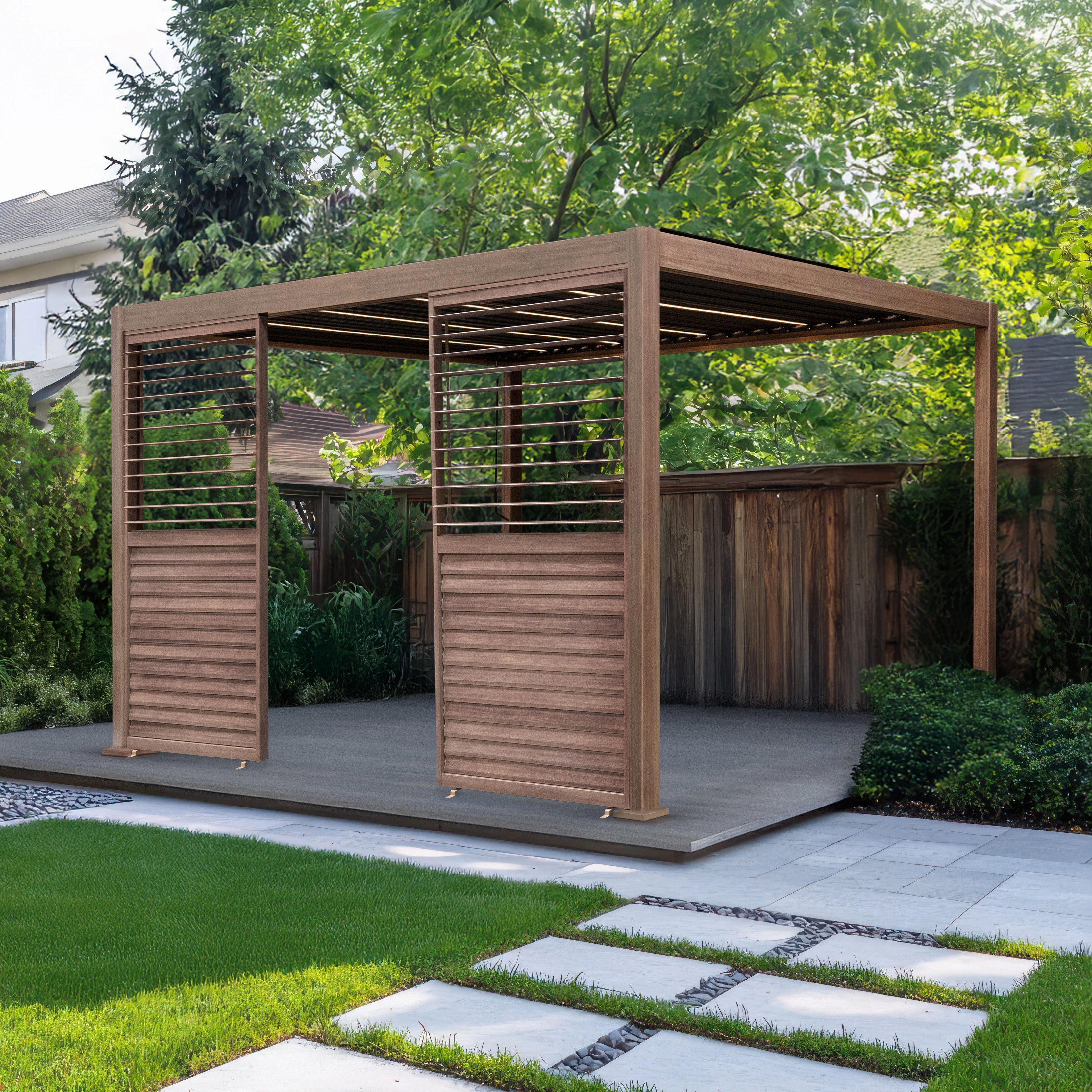 Wood Effect Aluminium Pergola With LED Lights & 2 x Side Panels - 3m x 3m