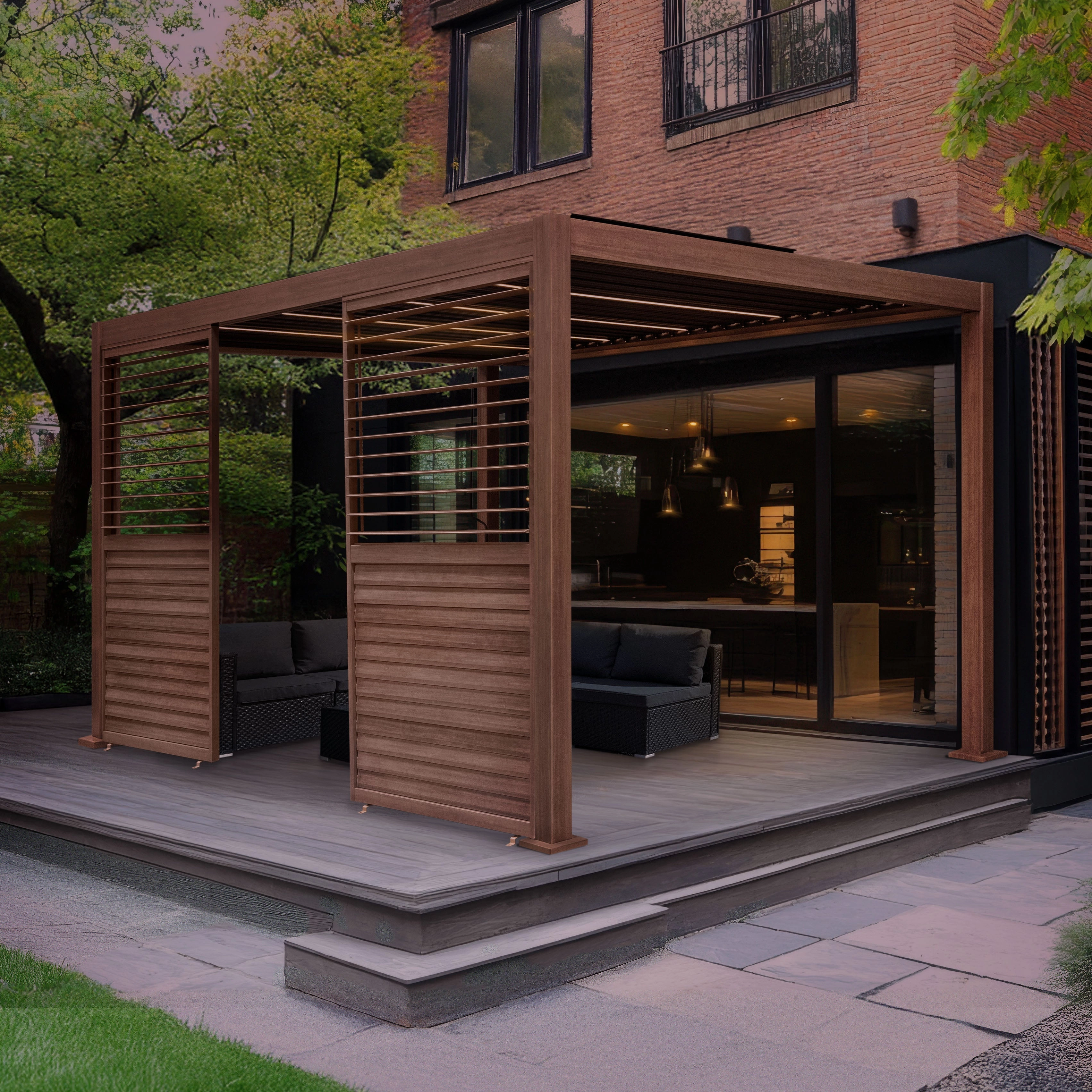 Wood Effect Aluminium Pergola With LED Lights & 2 x Side Panels - 3m x 3m